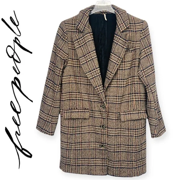 Free People Plaid Wool Blend Tweed Oversized Boxy Coat Overcoat Long Jacket Boho